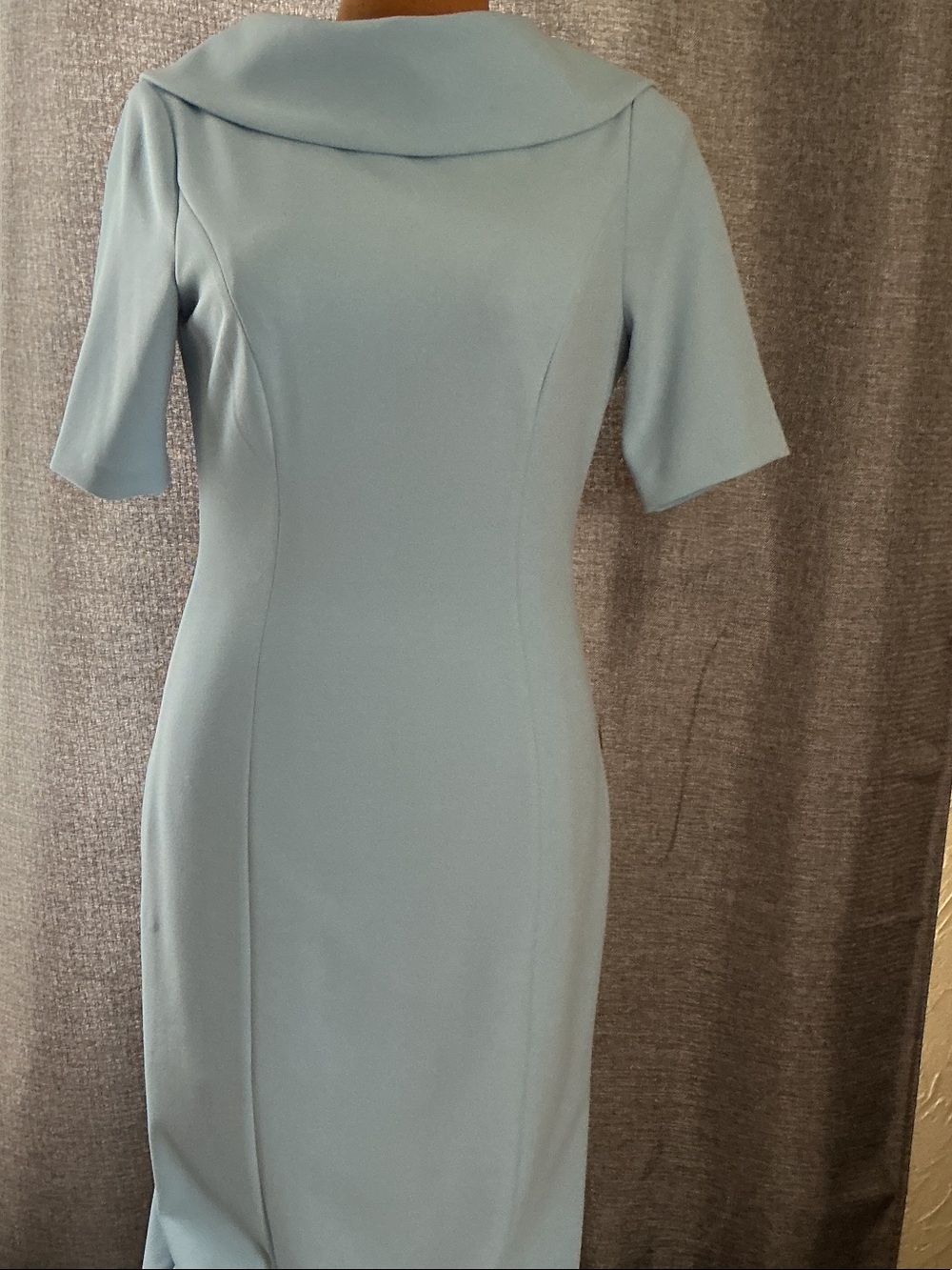 Adrianna Papell Light Blue Midi Sheath Dress with Portrait Collar
